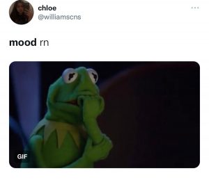 Someone tweeted "mood" with a picture of a puppet that is worried. Meaning the person is worried.