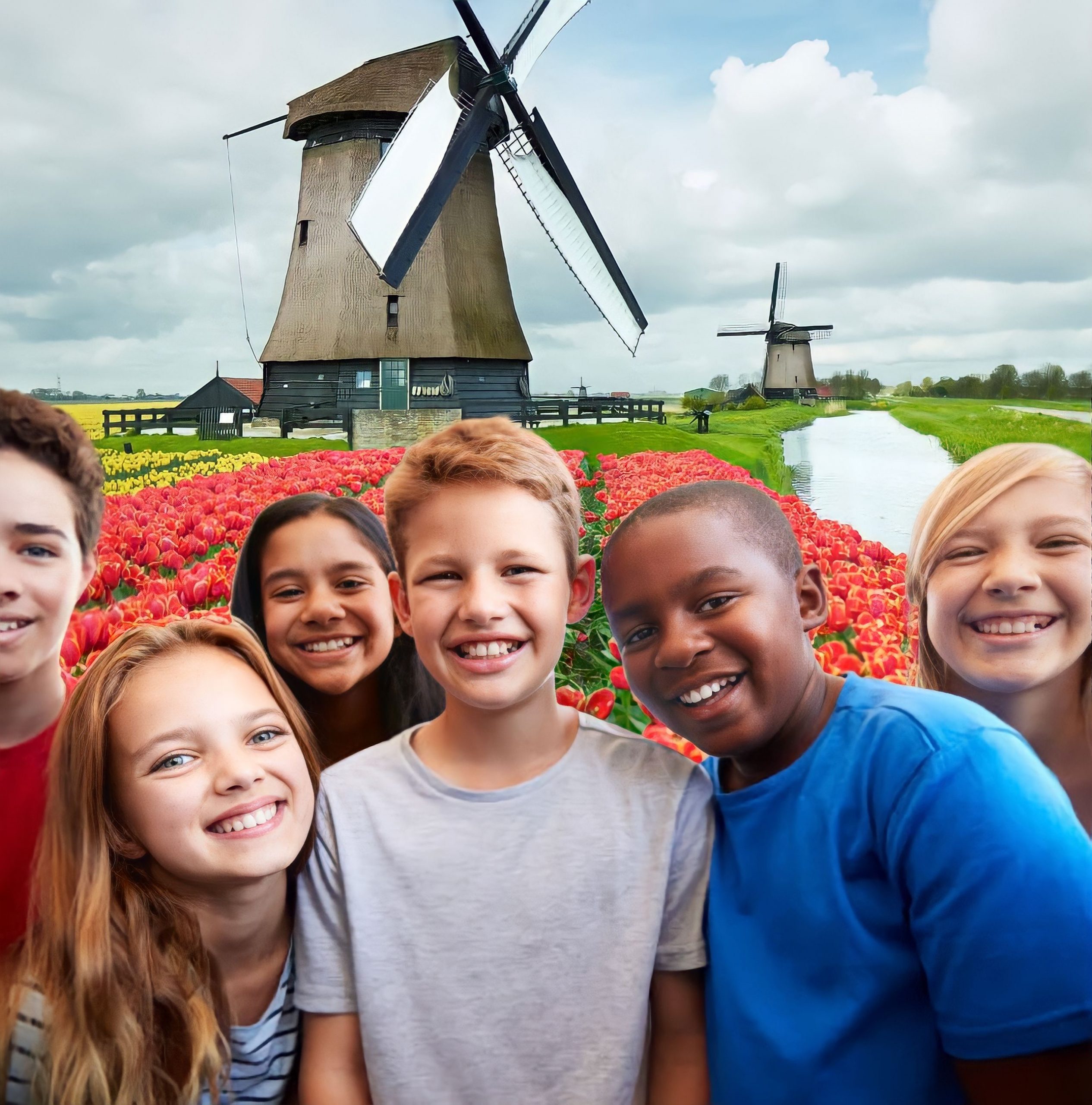 adolescents dans un champs de tulipes devant un moulin
